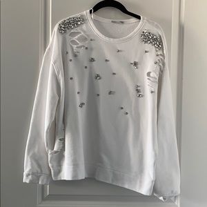 Zara White Embellished Distressed Crewneck Sweater